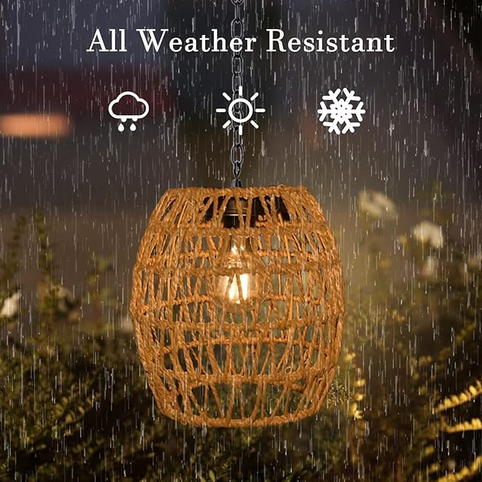 Boho Pendant Solar Light Rustic Hand-Woven Rattan Chandelier Coastal Retro Lamp Wedding Garden Courtyard Hallway Entryway Decoration.