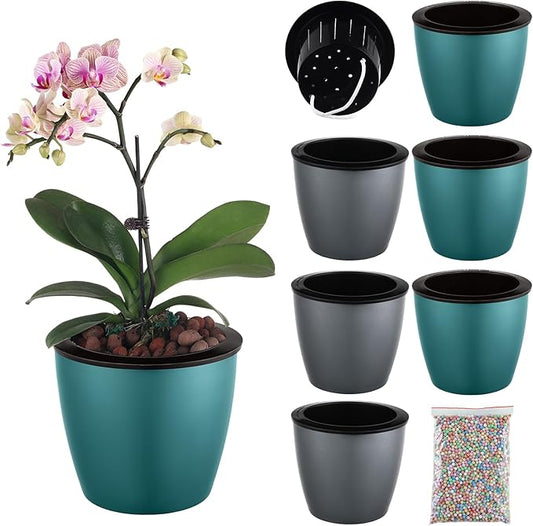 Planterhoma 6.7 Inch Self Watering Pots for Indoor Plants, 6 Packs African Violet Pots with Black Wick Pots, Self Watering Planters for Devil's Ivy, Indoor Plant Pots, Silver/Blue Gold