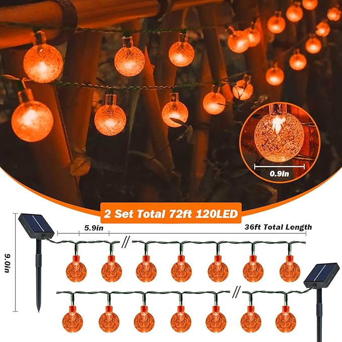 Solar Lights Outdoor Waterproof, 2 Pack Total 120LED 72FT Solar String Lights for Outside w/ 8 Modes, Outdoor String Lights Crystal Globe Patio Lights for Garden Yard Party Decor (Orange)