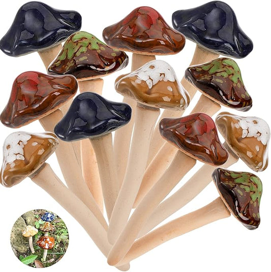 Peohud 12 Pack Ceramic Garden Mushrooms, Lawn Ornament Decor Mushrooms for Fairy Garden, Yard, Indoor, Outdoor, 4.7 Inch