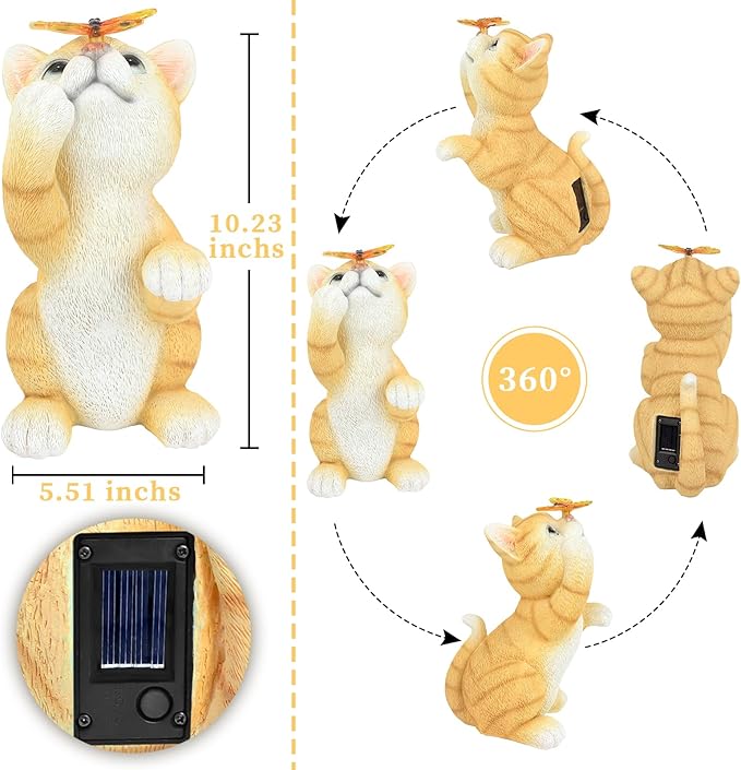 Solar Garden Statue Cat Figurine,Resin Cat Statue Playing Butterfly,Outdoor Decoration for Patio,Balcony,Yard, Lawn-Unique Housewarming Gift for Garden Mom Grandma
