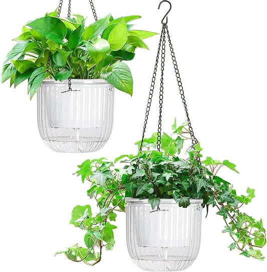 Melphoe 2 Pack Self Watering Hanging Planters Indoor Flower Pots, 6.5 Inch Outdoor Hanging Plant Pot Basket, Plant Hanger with 3Hooks Drainage Holes for Garden Home