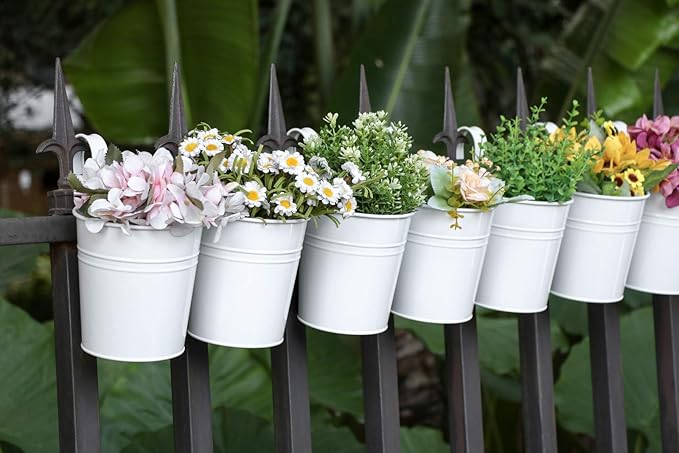 Dahey 10 Pcs Hanging Flower Pots Metal Iron Bucket Planter for Railing Fence Balcony Garden Home Decoration Flower Holders with Detachable Hooks, White, 5 inches