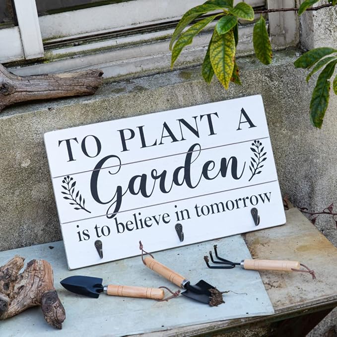 COLLECTIVE HOME - Garden Decor with Tools, Inspirational Wood Hanging Signs, Garden Tools Set - 3 Piece, Out Door Decor with Hooks, to Plant a Garden is to Believe in Tomorrow, 15.75"x9.5" (White)