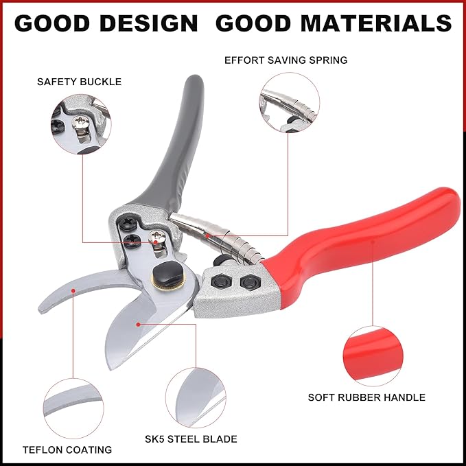 Pruning Shears, garden clippers,gardening tools, for trimming rose, floral, tree, live plants, sharp garden scissors, Professional Branch scissors(Red-grey)