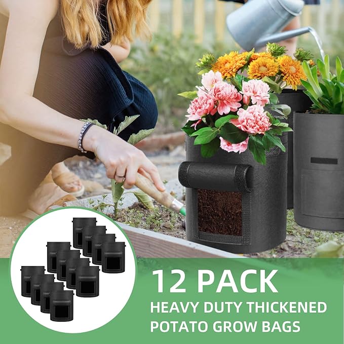 12 Pack 15 Gallon Potato Grow Bags, Heavy Duty Nonwoven Fabric Garden Planting Bag Plant Container with Flap and Handles, Aeration Fabric Pots for Growing Vegetable, Fruits and Flowers