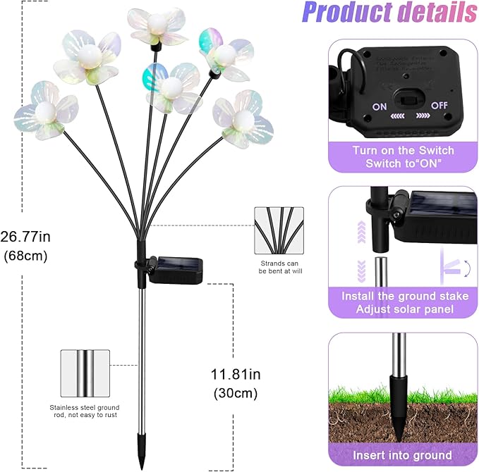 Solar Garden Lights Outdoor, NBQQ New Upgraded 4-Pack Firefly Solar Lights with Iridescent Petals & Warm White Glow - Waterproof Wind-Swaying Decor for Yard, Patio