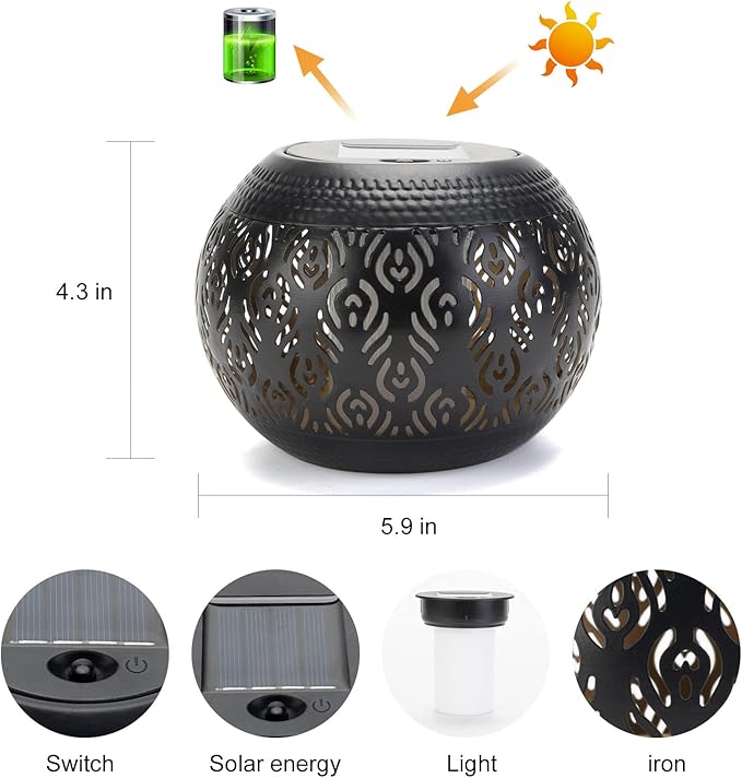 Solar Table Light Outdoor Waterproof - Solar Powered LED Lamp Dancing Flickering Flame,Hollowed-Out Black Peacock Feather Metal Desktop Decorative Lantern for Desk Patio Garden Pathway Yard