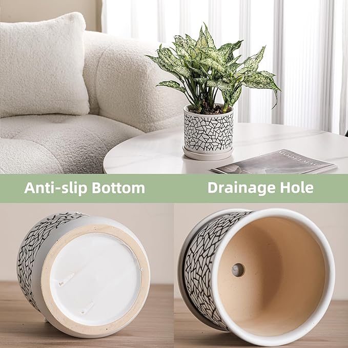 6 Inch Plant Pots: Ceramic Planter Pot with Drainage Hole & Saucer - Planters for Indoor/Outdoor Plants - Flower Pot with Bonded Tray for Home/Office - Tile Design Debossed