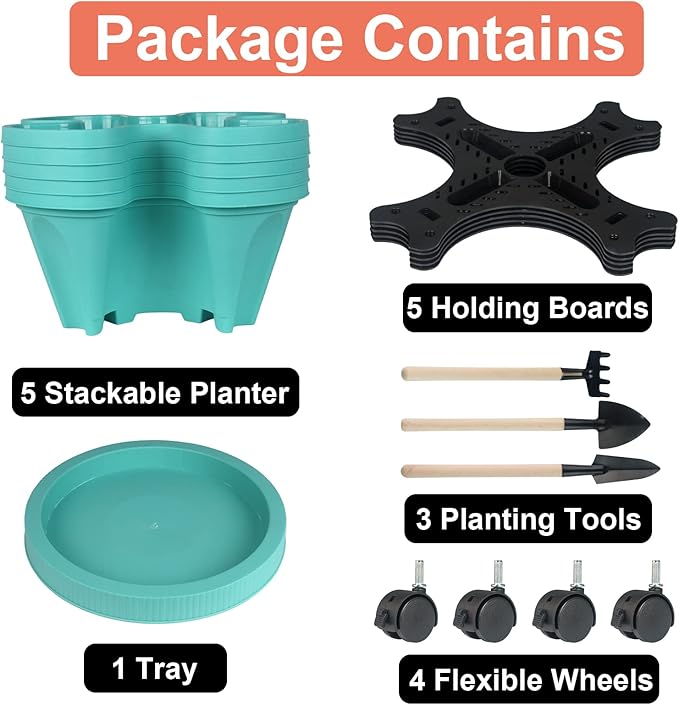 Vertical Planter 5 Tier Stackable Planters Garden Planters Strawberry Herb Flower and Vegetable Planter Indoor Outdoor Gardening Pots with Removable Wheels and Tools
