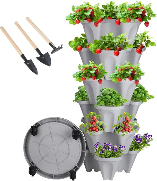 Vertical Planter 6 Tier Stackable Planters Garden Planters Strawberry Herb Flower and Vegetable Planter Indoor Outdoor Gardening Pots with Removable Wheels and Tools