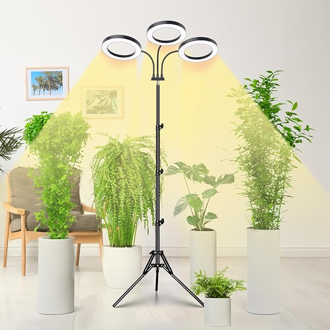 LORDEM Grow Light for Indoor Plants, Tri-Head Plant Light for Plants Growing, Full Spectrum Growth Lamp with Auto Timer for 4/8/12H, 4 Dimmable Levels, 216 LEDs, Height Adjustable Stand 24.4"- 67"