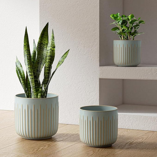 LE TAUCI Ceramic Planters, Set of 3 Plant Pots for Indoor Plants, 8.3+6.9+5.7 inch Flower Pots with Drainage Holes, Large Cylinder Planters Pot for Outdoor Indoor House Plants, Glaze Blue Gray
