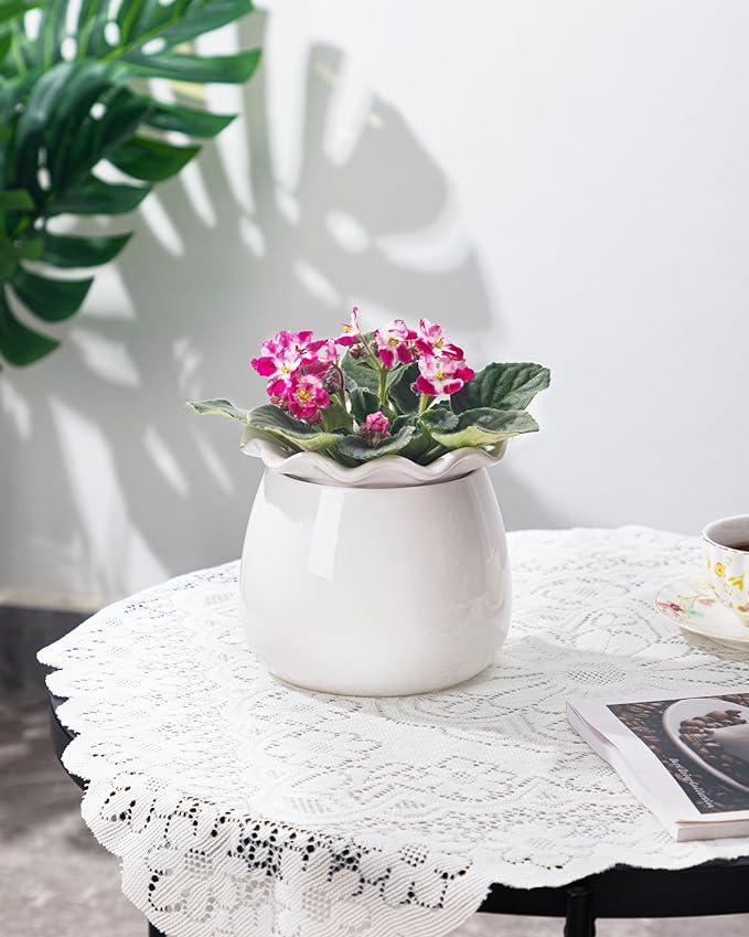 Self Watering Plant Pot, 6 Inch African Violet Pots Maintenance, Ceramic Self-Watering Planter for Indoor Plants - Ideal Flower Pot for Thriving Indoor Gardens