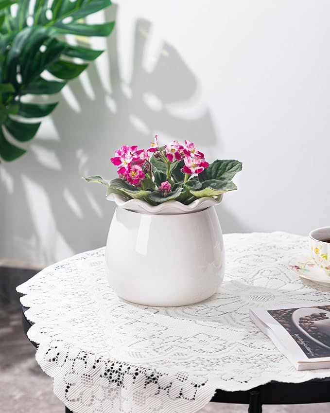 Self Watering Plant Pot, 6 Inch African Violet Pots Maintenance, Ceramic Self-Watering Planter for Indoor Plants - Ideal Flower Pot for Thriving Indoor Gardens