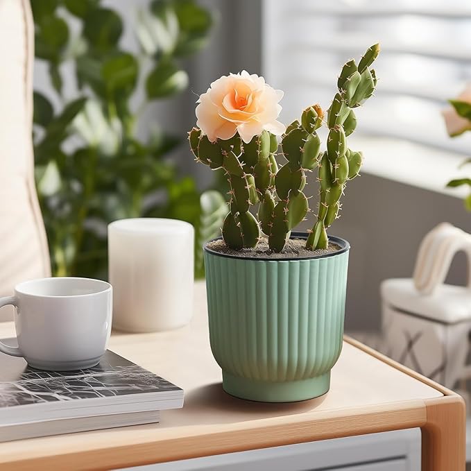 T4U 4.5 Inch Self Watering Pots for Indoor Plants, 6 Pack Green Plastic Flower Pots for All House Plants, Flowers, African Violets