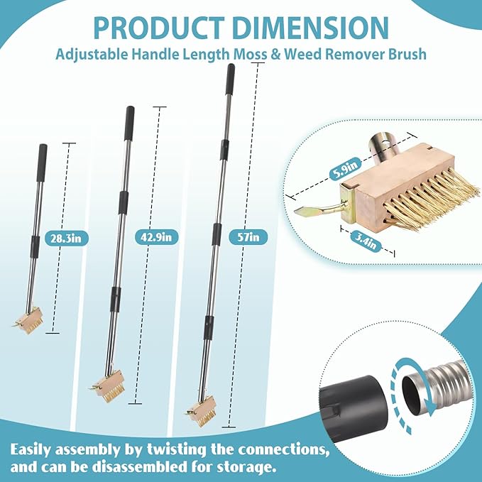 GADFlSH Manual Crevice Weeding Tool, Crack Weeder with 2 Weed Brush Heads, Crevice Weeding Hook with Adjustable Steel Handle for Patios, Decks & Garden Paths