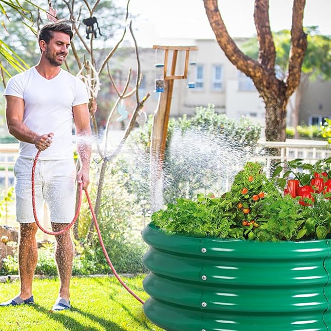 FORTUNO 2 Pcs 2 Ft Round Raised Garden Bed Box Galvanized Metal Outdoor High Flower Bed Steel Patio Ground Planter for Planting Vegetables and Herbs, Green