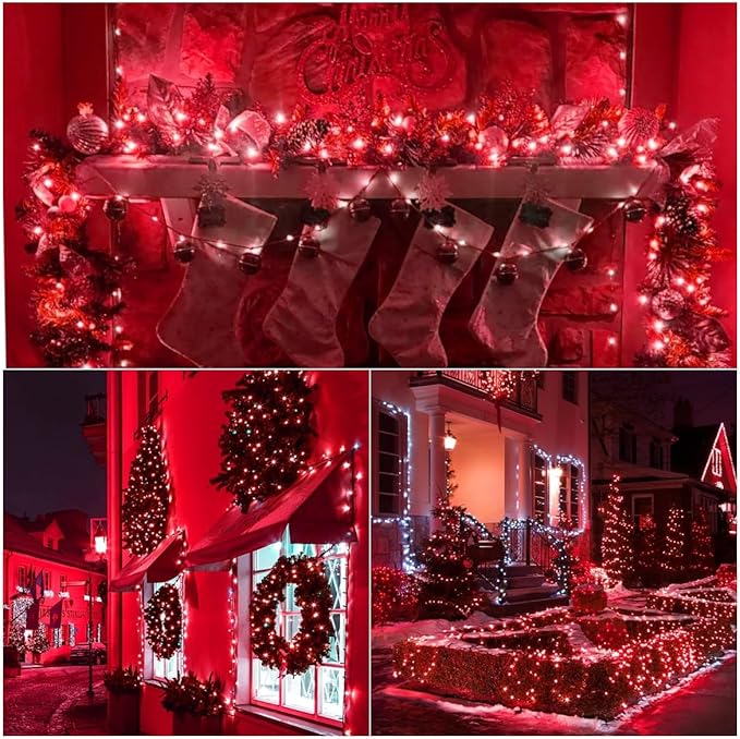 YEGUO 4 Pack Red Solar Fairy Lights Outdoor Waterproof, Each 33ft 100 LED String Light, 8 Modes Silver Wire