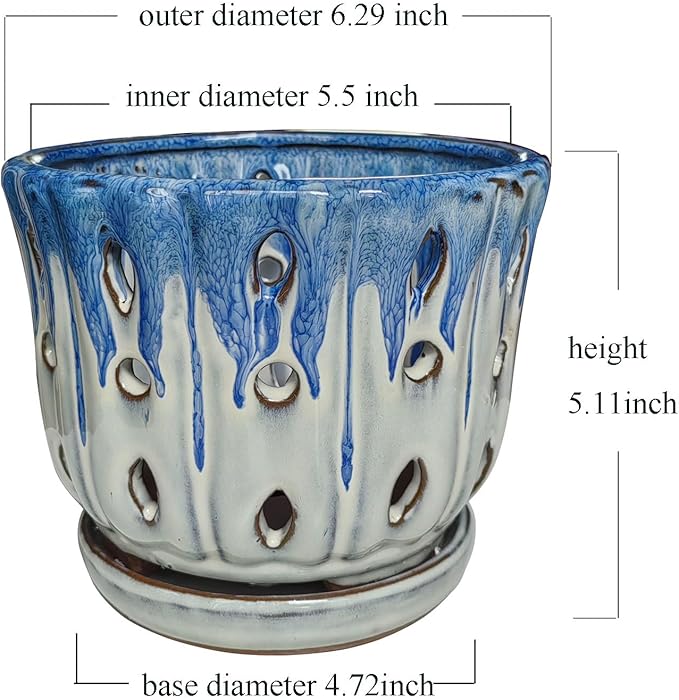 Ceramic Orchid Pot with Drainage Hole 6'' Orchid Planter (Blue Cover White)