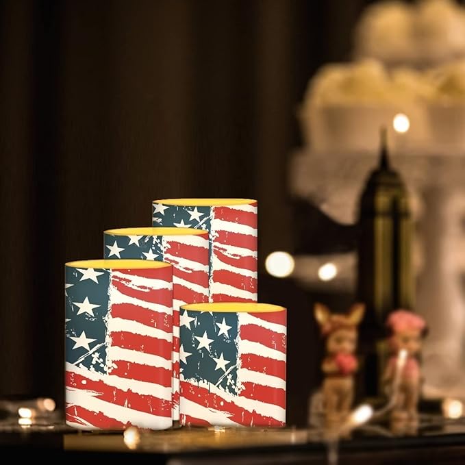 Flameless Electric Candles Decoration Lamp with Remote Timer Control Long Lasting for Fourth of July Party Decoration Home Indoor Outdoor Decor Pack of 4, American Flag Fashion