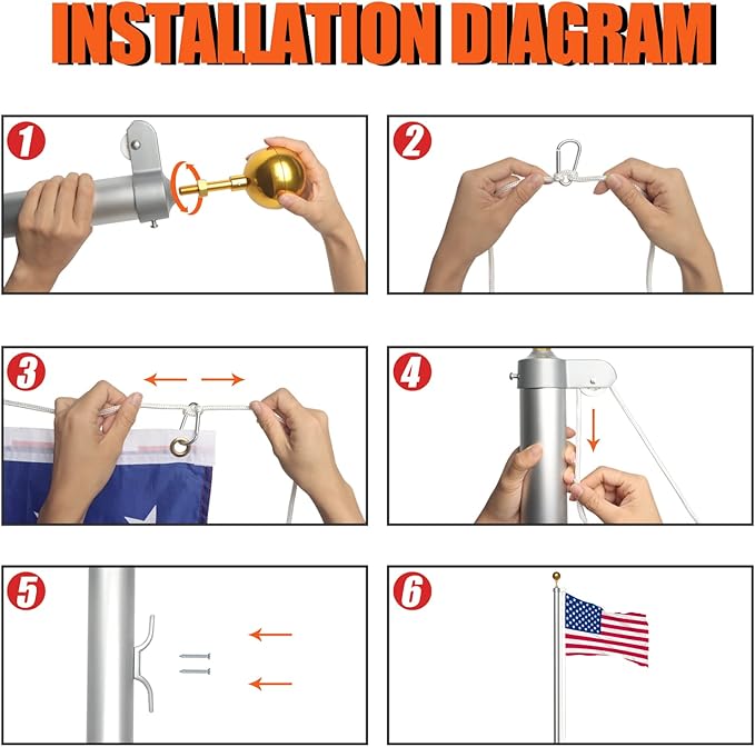NELXINJO 20FT Sectional Flag Pole Kit, Heavy Duty Aluminum Outdoor In-Ground Flagpole, Gold Ball Top, 3x5 USA Flag for Residential commercial Outdoor Garden(20FT, Silver)