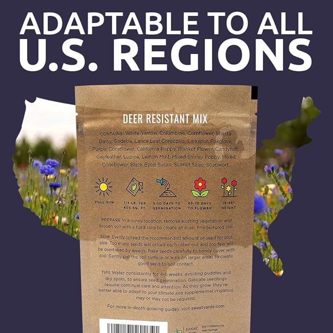 Deer Resistant Wildflower Seed Mixture - Bulk 1/4 Pound Bag - Over 60,000 Deer Tolerant Seeds - Open Pollinated and Non GMO