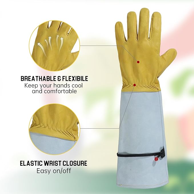 HANDLANDY Rose Gloves for Men & Women, Long Leather Gardening Gloves Thorn Proof, Best Garden Gifts & Tools for Gardener (Yellow-beige, Small (Pack of 1))