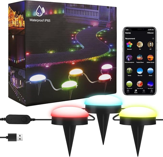 Outdoor Ground Lights, 33ft RGB+IC Outdoor Lights for Patio, 15 Pack Pathway Lights with App Bluetooth Control, LED Patio Lights with IP65 Waterproof for Garden Decor, Mulitiple Scene Modes