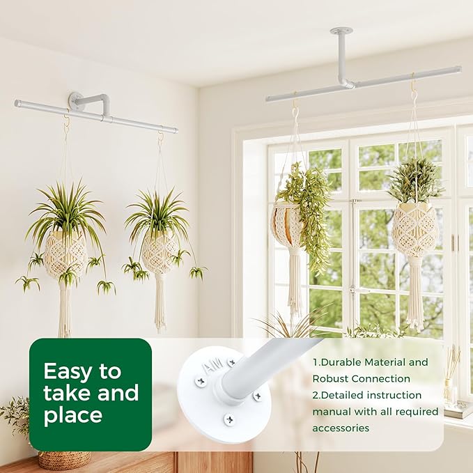 Bamworld Hanging Planters for Indoor Plants Plant Hanger Indoor Hanging Plant Holder Window Plant Shelves Metal Rod(Pot&Plant Not Included) 35.8in White