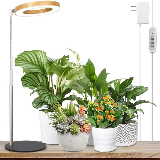 LORDEM Bamboo Grow Light for Indoor Plants, Full Spectrum Plant Light for Indoor Growing, Desk LED Grow Lamp with Auto On/Off Timer for 4H/8H/12H, 4 Dimmable Levels, Height Adjustable, 1 Pack