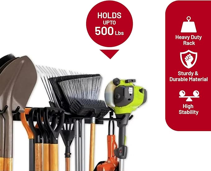 Ohana Love Garage Tool Organizer Wall Mount With Gardening Gloves - Adjustable Garden Tool Organizer for Garage with 9 Heavy Duty Snap On Hooks, 3 Rails, 2 Cable Storage Hooks Broom holder wall mount