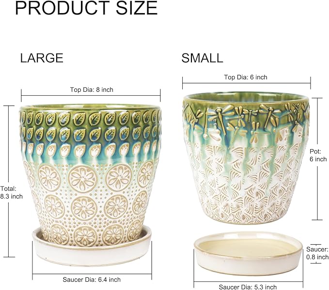 Ceramic Planter Pots for Indoor Plants, 8Inch + 6 Inch Plant Pot with Drainage Holes, Saucers and Mesh Pads, Succulent Orchid Flower Pot -Set of 2