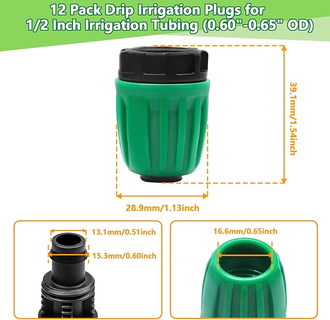 12 Pack 1/2 Inch Drip Irrigation End Plug (1/2" ID x 0.65" OD), Drip Line Irrigation Locked Barbed End Cap for 1/2'' Irrigation Tubing Anti Leak Irrigation System Plug Fittings