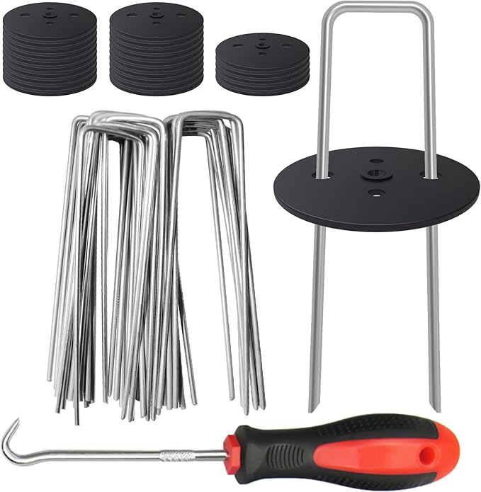 25Pcs Garden Stakes Staples + 25Pcs Gaskets, EUOKOK 6 Inch Lawn Staples 11 Gauge Galvanized U Shaped Landscape Pins Turf Nails Heavy Duty Yard Ground Pins for Weed Barrier Sod Fabric Decorations
