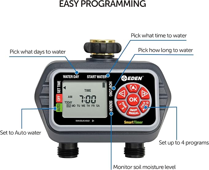 Eden 93412 Programmable Digital Water Timer 2-Zone, Compatible with Wireless Soil Moisture Sensor