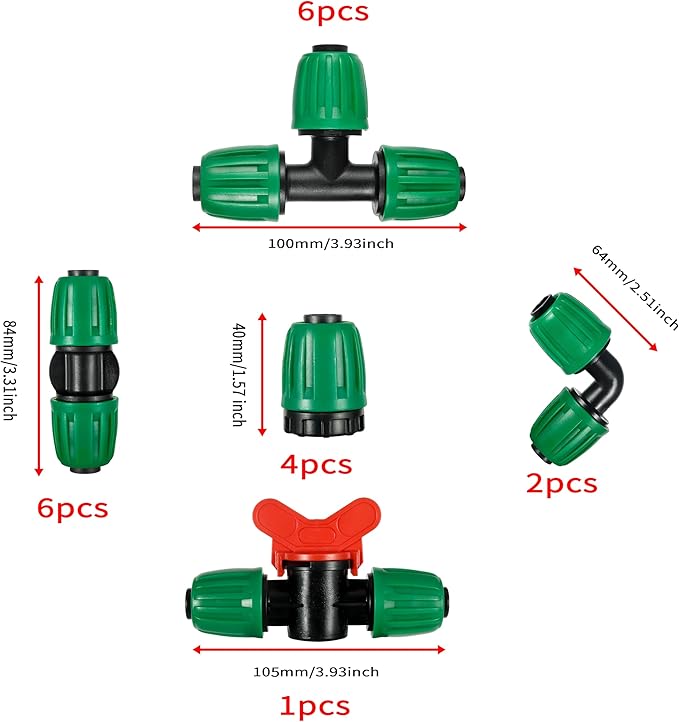19 Pcs Pond Irrigation 1/2 inch Vinyl Tubing Fittings Kit, For (1/2" ID x0.6-0.63" OD) 16mm Drip Tubing - 6 Tees, 6 Couplings, 4 Ends, 2 Elbows, 1 Switch Valves- Barbed Locked Nuts Connectors