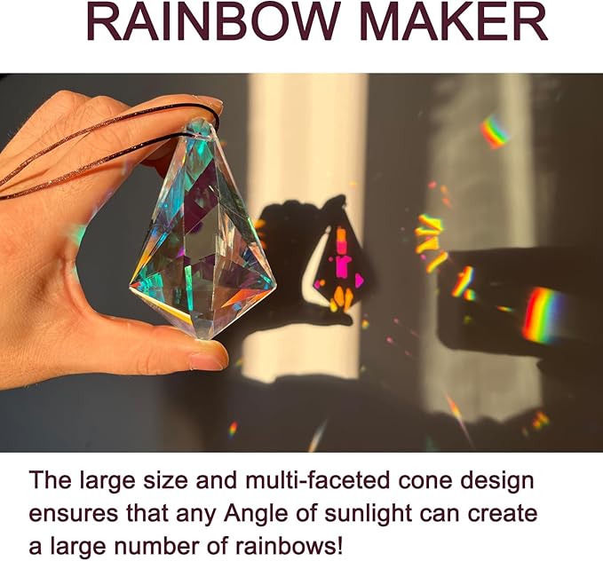 2PCS 5" Large Crystal Sun Catcher Prisms, STINO Hanging Suncatchers with Glass Prism, Rainbow Maker for Windows, Balcony, Kitchen, Garden Decoration (1, Chunky Cone 2Pcs)