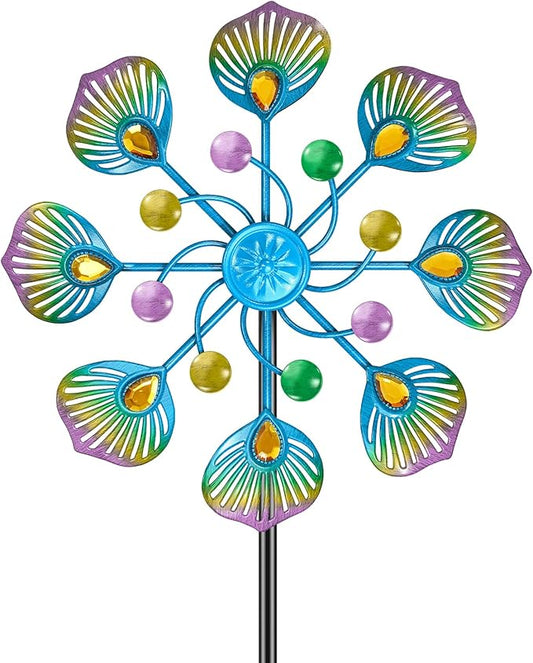 Peacock Wind Spinner Outdoor, Standing Wind Sculpture Yard Art Decorations, Metal Windmill for Patio Lawn & Garden Decor (1pcs-Blue Green)