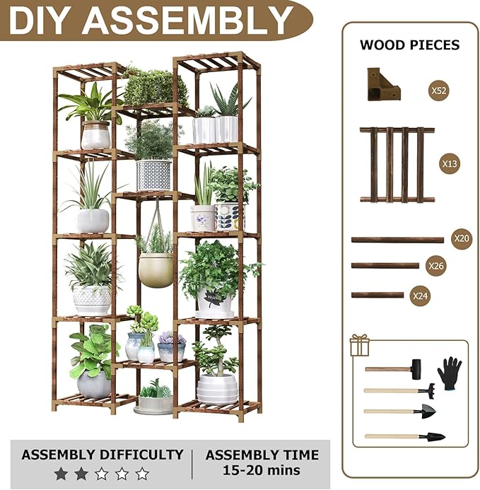 HOMKIRT Plant Stand with Grow Light for Indoor Plants, 13 Tier Large Outdoor Plant Shelf, 63" Tall Plant Rack Holder Flower Stand for Patio, Porch, Living Room Garden Plant Display Boho Decor