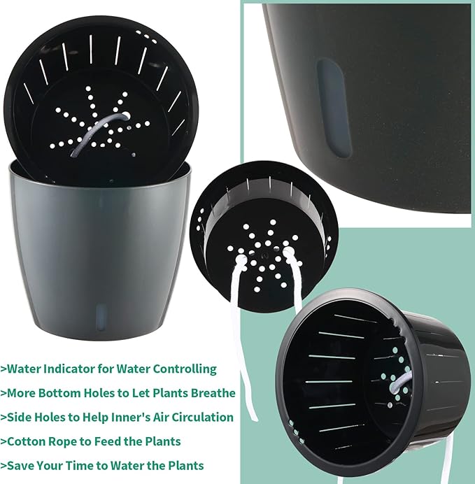 Planterhoma 5 Inch Self Watering Pots for Indoor Plants, 6 Packs African Violet Pots with Water Indicator and Black Wick Pots, Self Watering Planters for Devil's Ivy, Indoor Plant Pots, Grey Gold