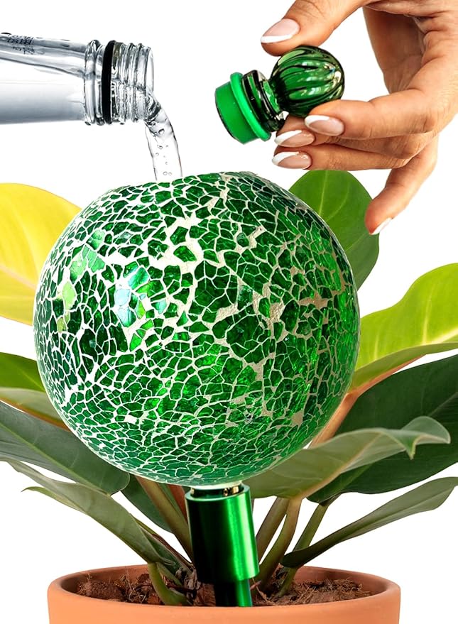 16 Oz Plant Watering Globes For Indoor Plants With Metal Self Watering Planter Insert - Premium XL Glass Hand-blown Globes - Automatic Indoor Planter Waterer, Gift Idea For Gardeners [1, Mosaic]