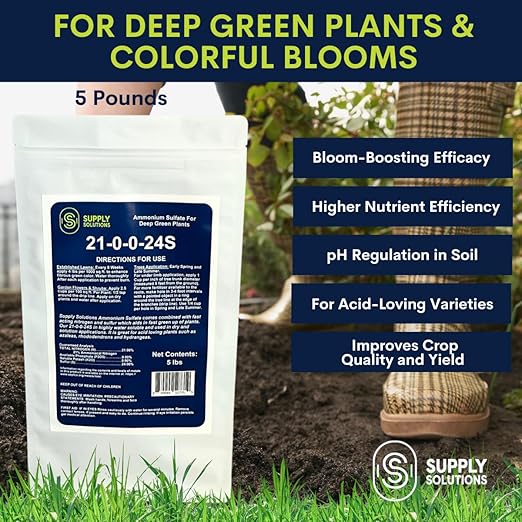 21-0-0-24S Ammonium Sulfate for Deep Green Plants - Soil Acidifier for Blueberry Blooms, Azalea and Magnolia Tree Fertilizer - Sulfur for Plants Nitrogen Fertilizer (5 Pounds)