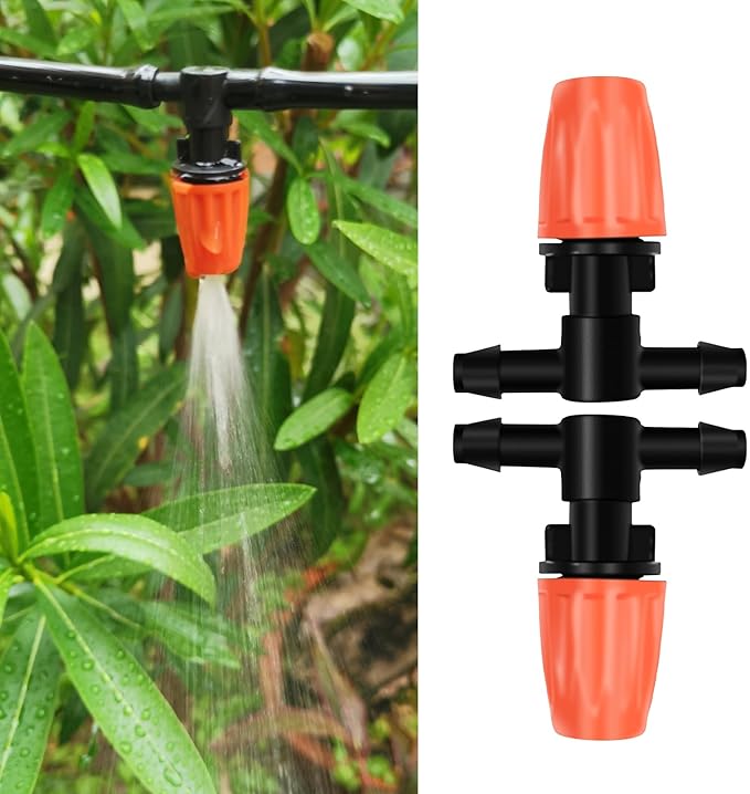 50pcs Micro Spray Adjustable Flow Irrigation Drippers, with 1/4" Barbed Tee Fittings, Adjustable Sprinkler drip Irrigation Head for Garden Watering System, Drip Irrigation Kit Parts
