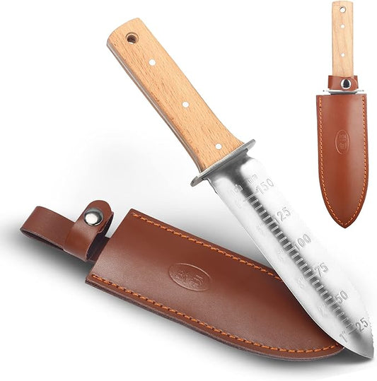 Hori Hori Garden Knife Japanese Stainless Steel, 7'' Durable Gardening Tool for Weeding, Digging, Cutting & Planting with Leather Sheath