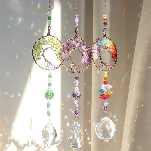 Sun Catcher Crystal Hanging Tree of Life SunCatchers Healing Crystals for Indoor Window, Home Decor, Car Charms Pack of 3