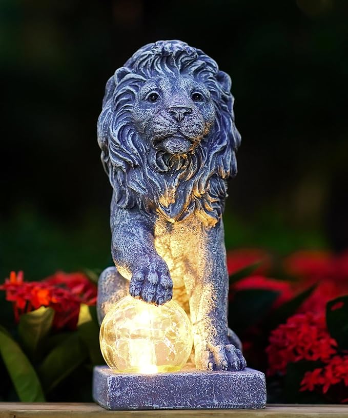 Solar Lion Statue for Garden Decor: Outdoor Figurines Sculpture with Ball for Lawn Patio Yard Balcony - Gifts for Mom Grandma Women