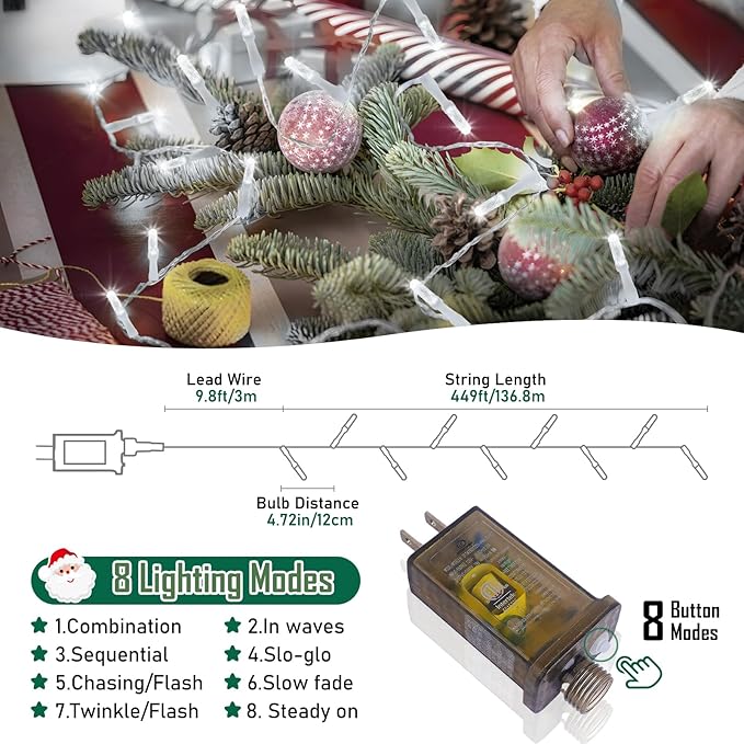Heceltt 1140 LED 449 FT String Lights Outdoor, 8 Modes White Christmas Lights Plug in, IP44 Waterproof Led String Lights with Timer and Memory for Xmas Tree Yard Party Garden Decorations