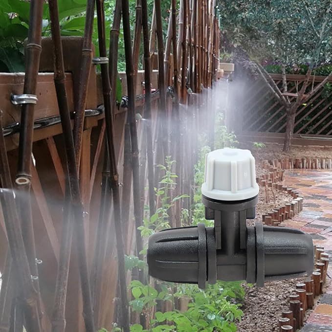 10pcs Drip Irrigation Misters Nozzles 1/4 Inch Three-Way Atomizing Nozzle with Connectors Drip Emitters Irrigation Fitting Parts for Outdoor Spray Cooling System