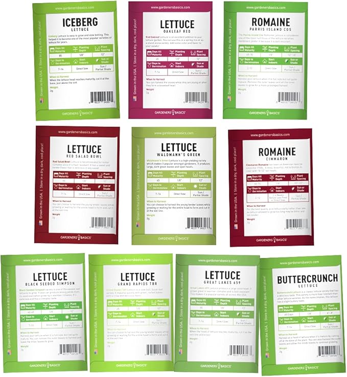 Gardeners Basics, Salad Greens Lettuce Seeds Heirloom Vegetable Seed 23,000 Seeds for Planting Indoors and Outdoor 10 Packs - Buttercrunch, Romaine, Iceberg, (and More) Leaf and Head Variety Pack